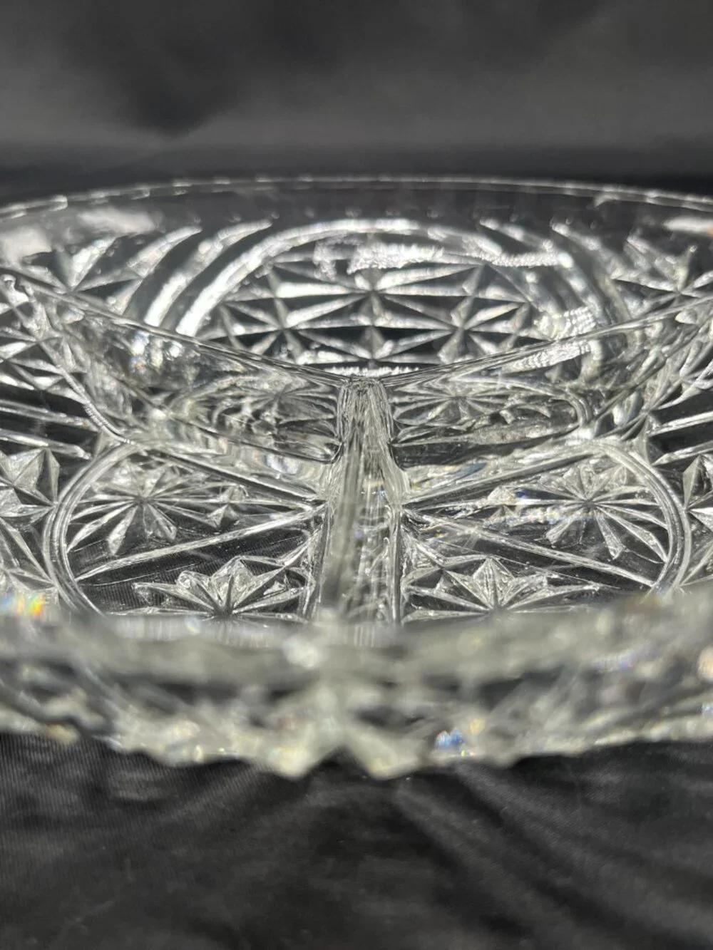 Vtg Anchor Hocking Clear Pressed Glass Divided Dish in “Stars and Bars